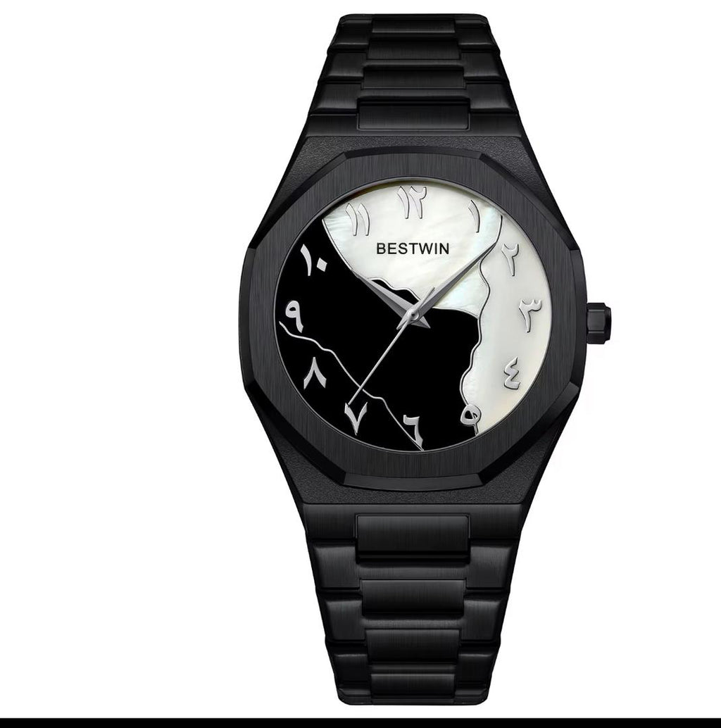 Montre BESTWIN Noire Design Yin Yang ecriture en arabe