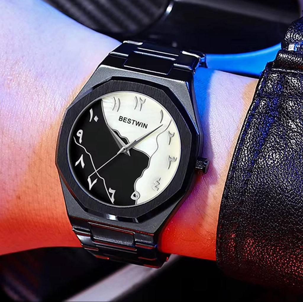 Montre BESTWIN Noire Design Yin Yang ecriture en arabe