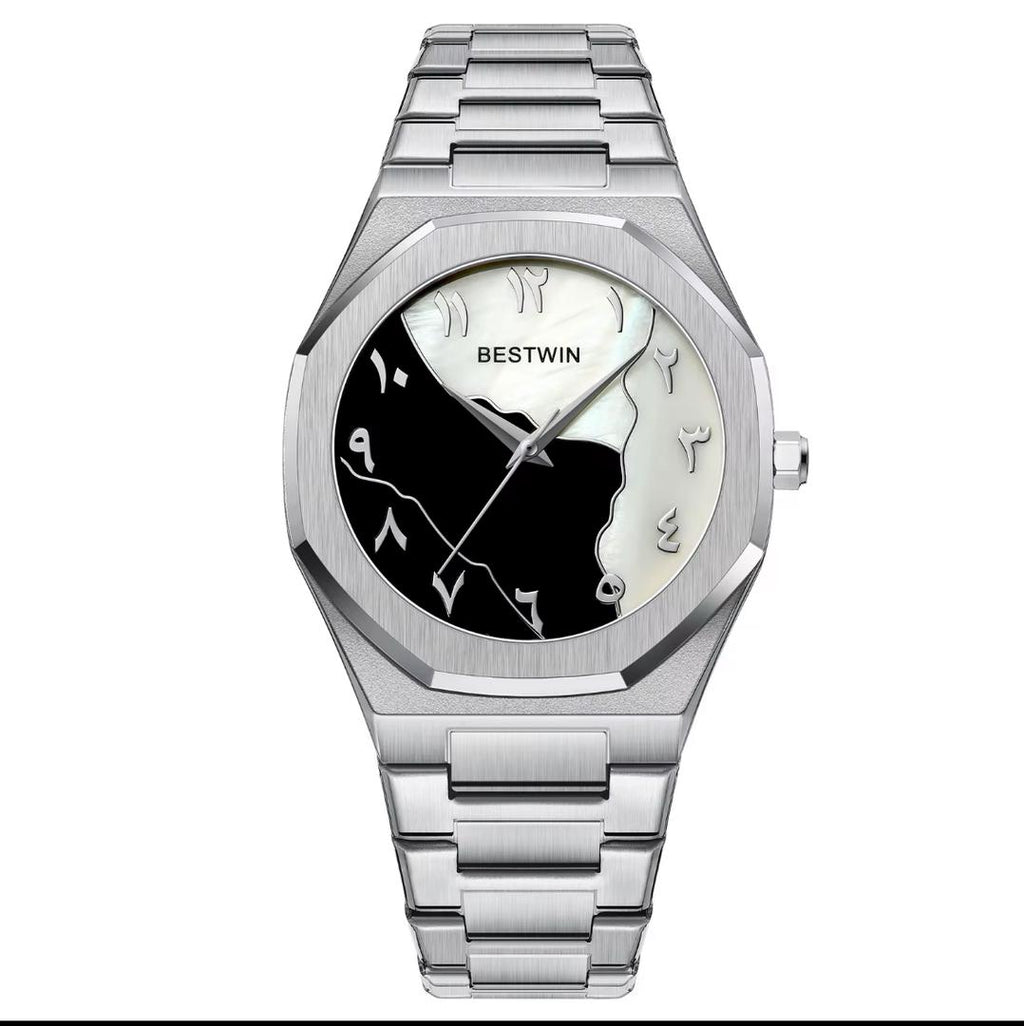 Montre BESTWIN Noire Design Yin Yang ecriture en arabe